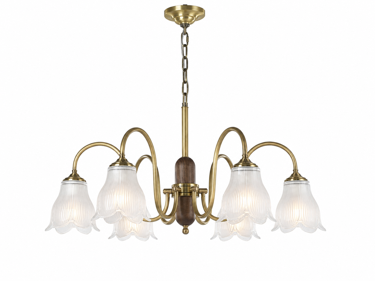 Bellarune Ribbed Bell Glass and Walnut Chandelier