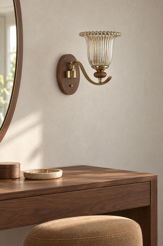 Tullienne Ribbed Tulip Glass and Wood Wall Sconce