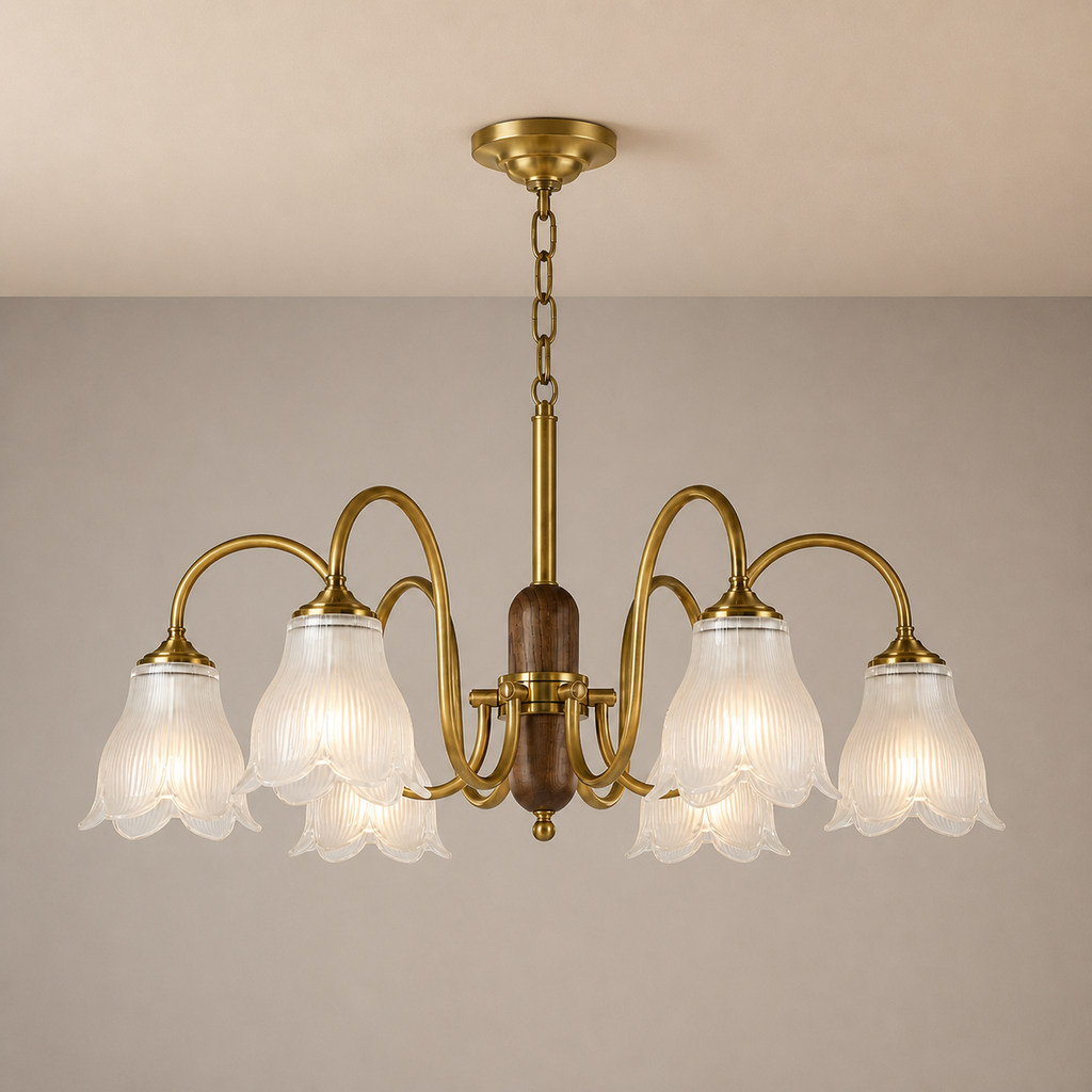 
Bellarune Ribbed Bell Glass and Walnut Chandelier