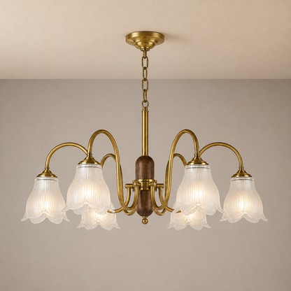 Bellarune Ribbed Bell Glass and Walnut Chandelier
