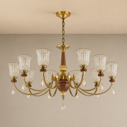 Tulverna Ribbed Tulip Glass and Wood Chandelier