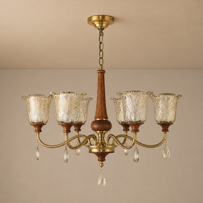 Aurelia Antique Brass Floral Glass Chandelier with Wood Accents