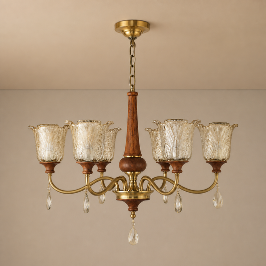 
Aurelia Antique Brass Floral Glass Chandelier with Wood Accents