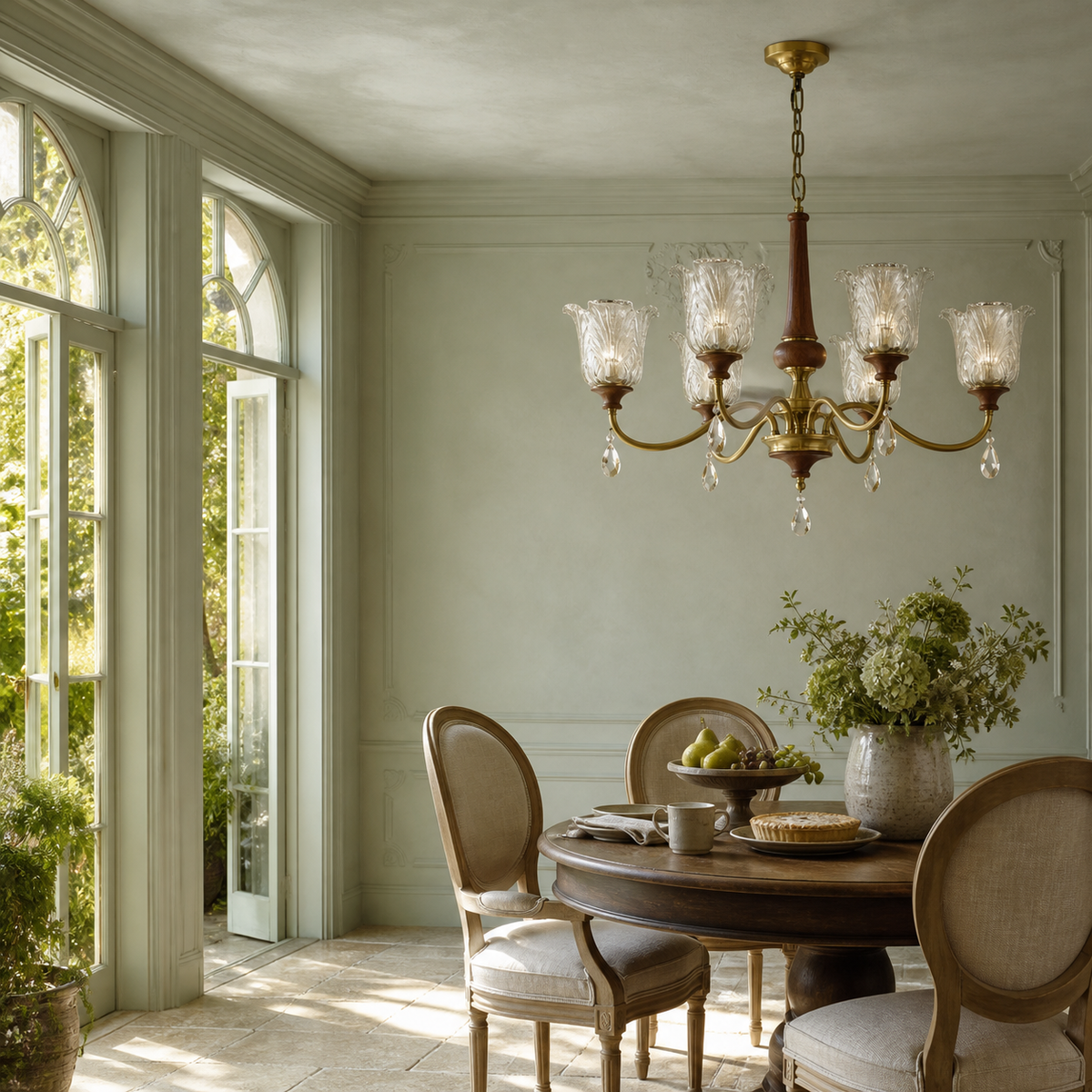 
Aurelia Antique Brass Floral Glass Chandelier with Wood Accents