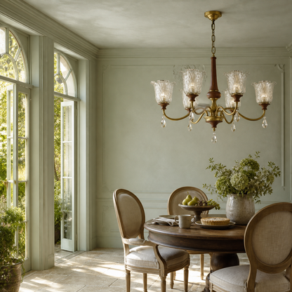 Aurelia Antique Brass Floral Glass Chandelier with Wood Accents