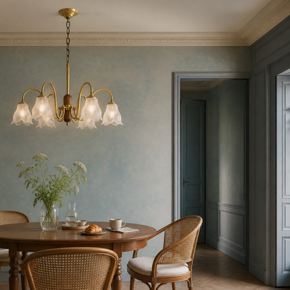 Bellarune Ribbed Bell Glass and Walnut Chandelier