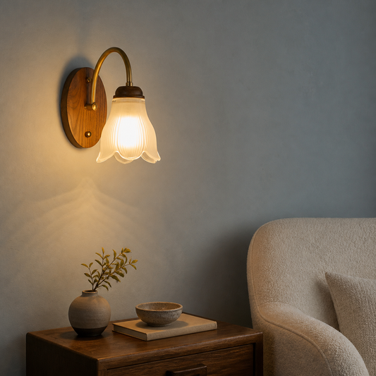
Bellarune Ribbed Bell Glass and Walnut Wall Sconce