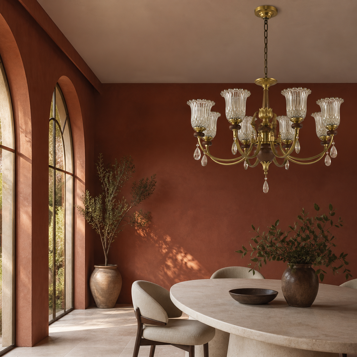 
Tulverna Ribbed Tulip Glass and Wood Chandelier