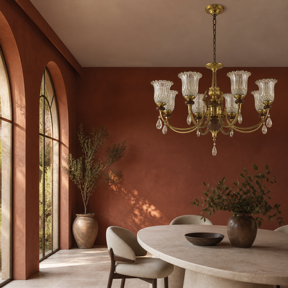 Tulverna Ribbed Tulip Glass and Wood Chandelier