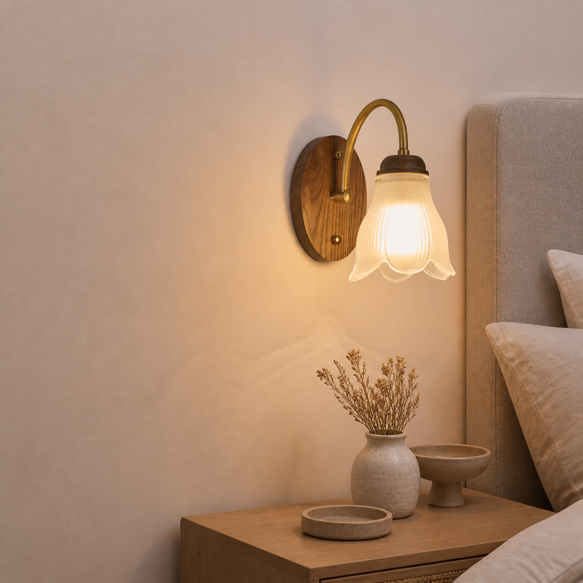 
Bellarune Ribbed Bell Glass and Walnut Wall Sconce