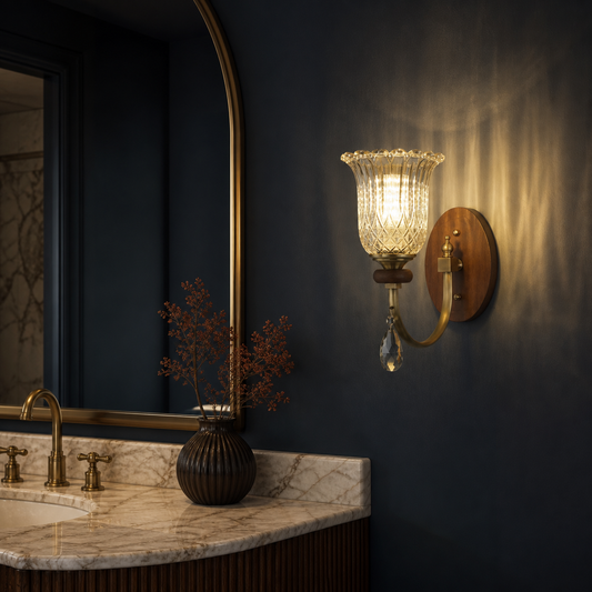 
Tulverna Ribbed Tulip Glass and Wood Wall Sconce