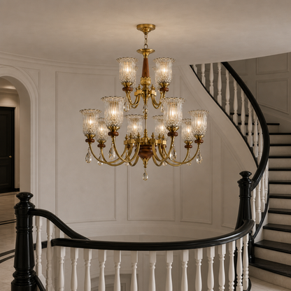 Tulverna Ribbed Tulip Glass and Wood Chandelier