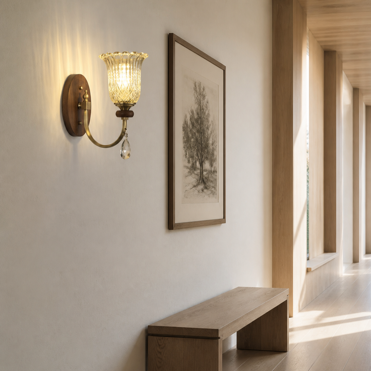 
Tulverna Ribbed Tulip Glass and Wood Wall Sconce