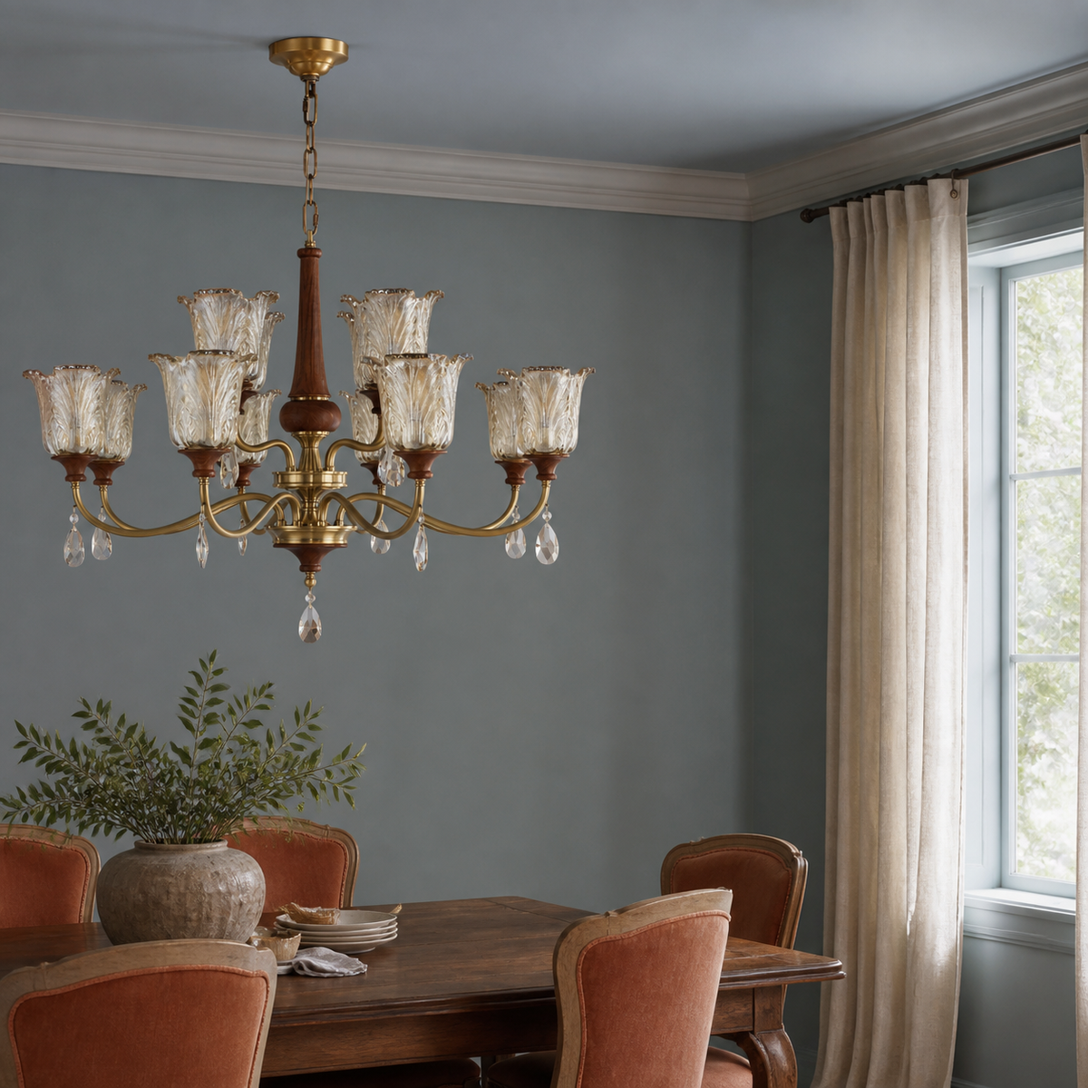 
Aurelia Antique Brass Floral Glass Chandelier with Wood Accents