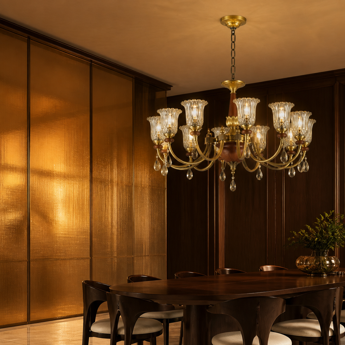 
Tulverna Ribbed Tulip Glass and Wood Chandelier