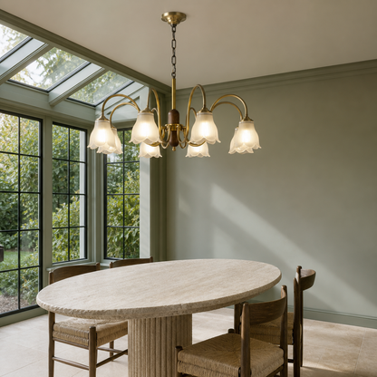 Bellarune Ribbed Bell Glass and Walnut Chandelier