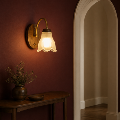 Bellarune Ribbed Bell Glass and Walnut Wall Sconce