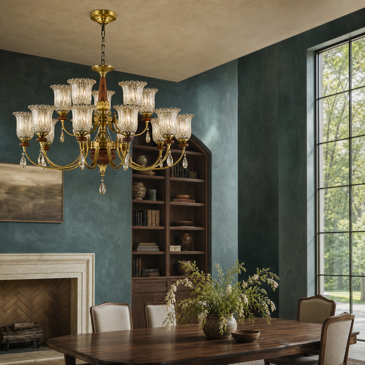 
Tulverna Ribbed Tulip Glass and Wood Chandelier