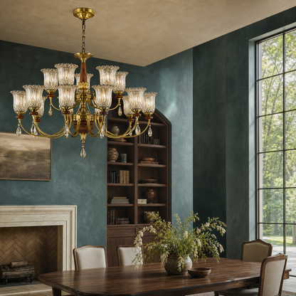 Tulverna Ribbed Tulip Glass and Wood Chandelier