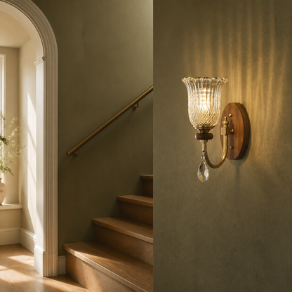 Tulverna Ribbed Tulip Glass and Wood Wall Sconce