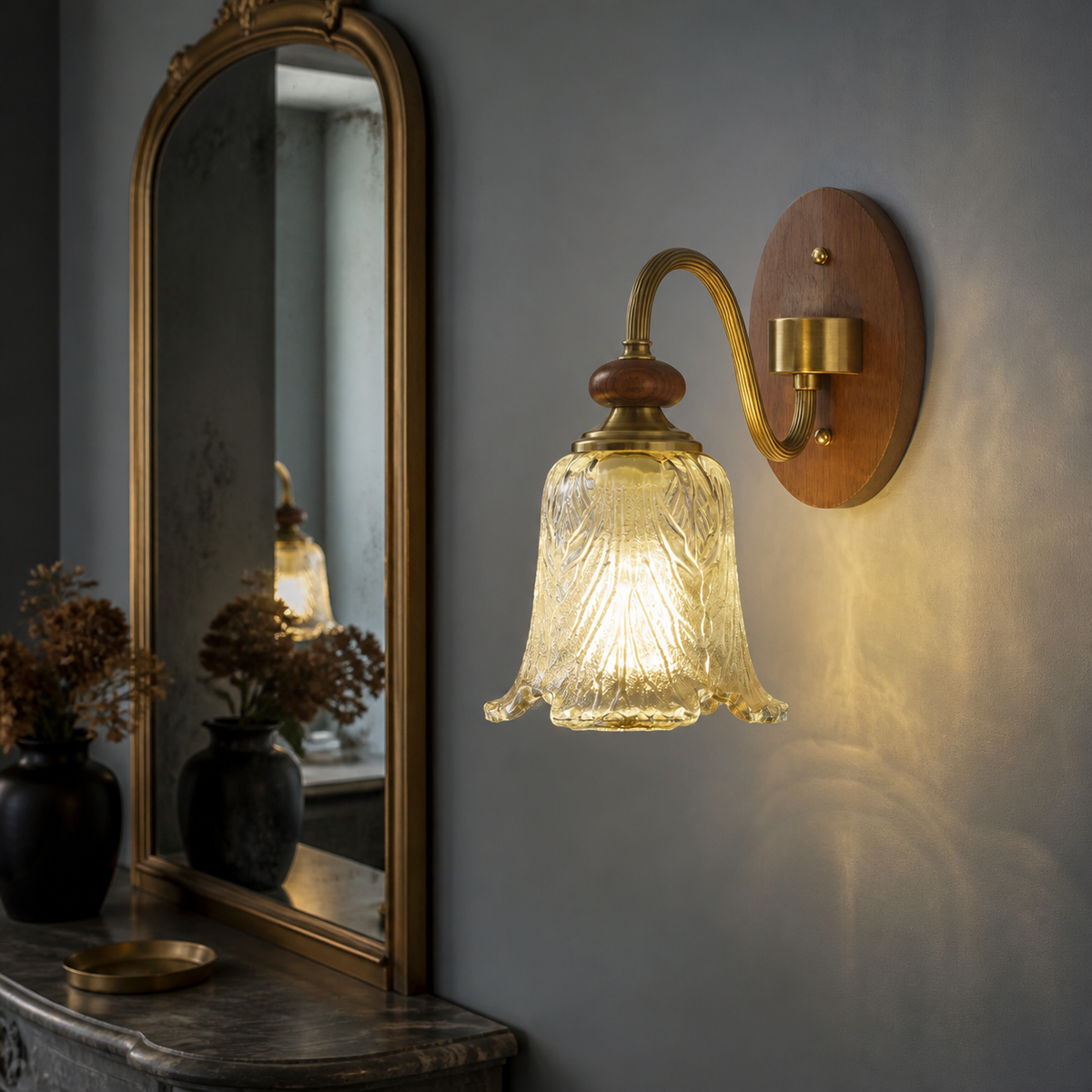 
Sylvaris Sculpted Leaf Glass and Wood Wall Sconce