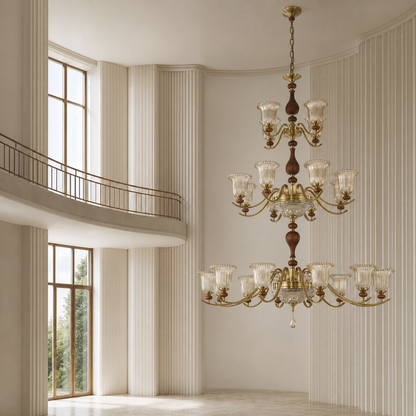 Tulverna Ribbed Tulip Glass and Wood Chandelier