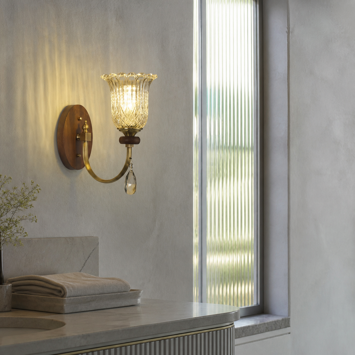 
Tulverna Ribbed Tulip Glass and Wood Wall Sconce