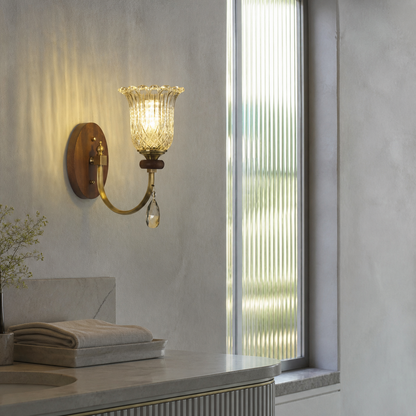 Tulverna Ribbed Tulip Glass and Wood Wall Sconce
