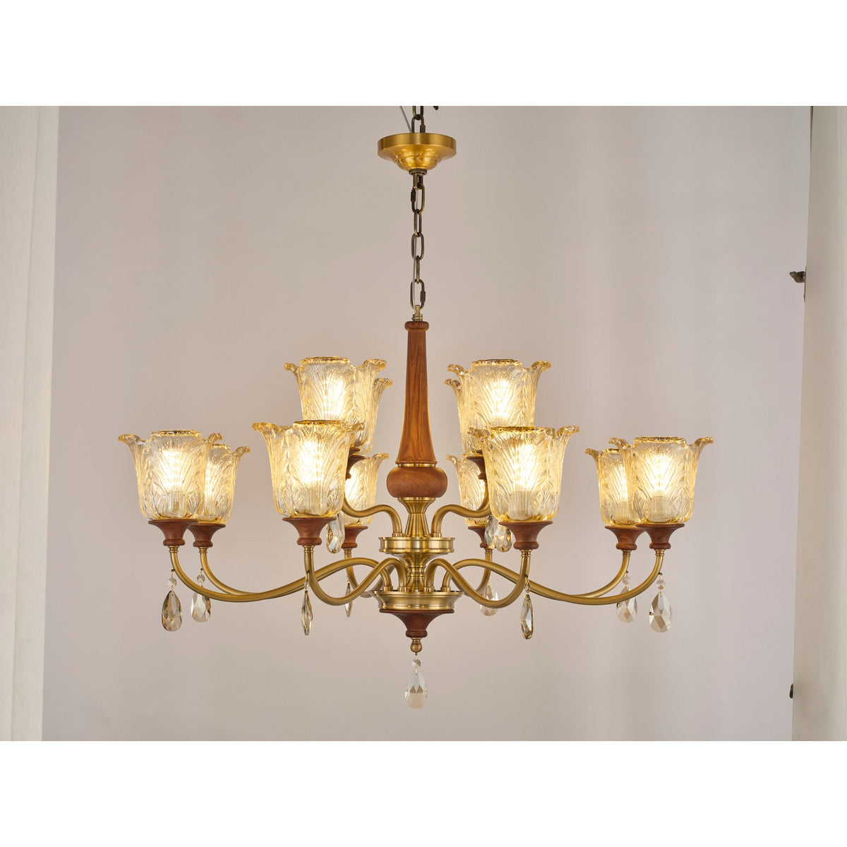 
Aurelia Antique Brass Floral Glass Chandelier with Wood Accents