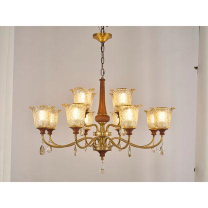 Aurelia Antique Brass Floral Glass Chandelier with Wood Accents