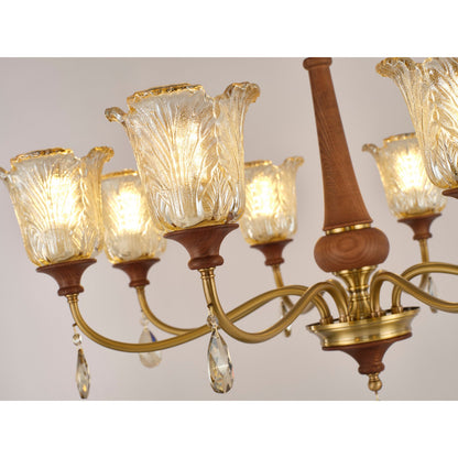 Aurelia Antique Brass Floral Glass Chandelier with Wood Accents