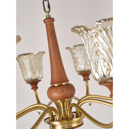Aurelia Antique Brass Floral Glass Chandelier with Wood Accents