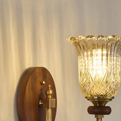 Tulverna Ribbed Tulip Glass and Wood Wall Sconce
