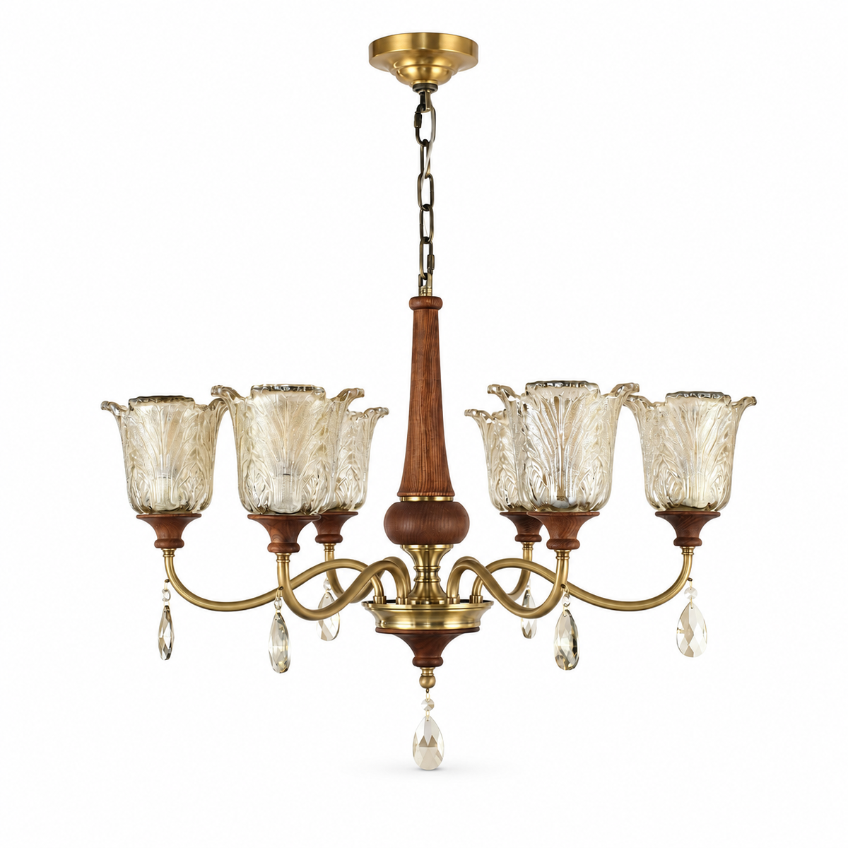 
Aurelia Antique Brass Floral Glass Chandelier with Wood Accents