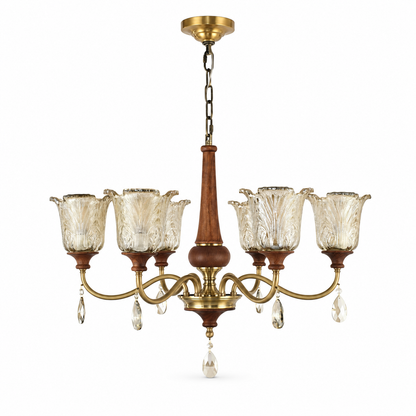Aurelia Antique Brass Floral Glass Chandelier with Wood Accents