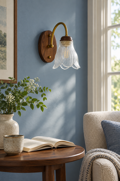 Bellarune Ribbed Bell Glass and Walnut Wall Sconce