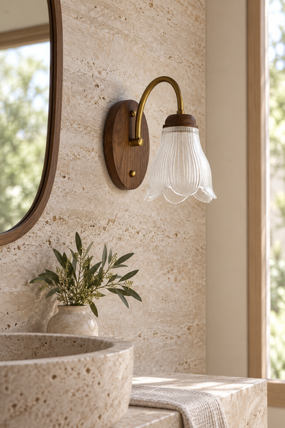Bellarune Ribbed Bell Glass and Walnut Wall Sconce