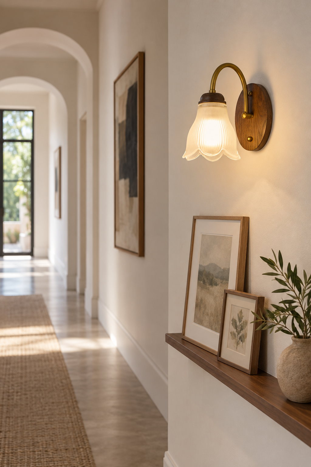 
Bellarune Ribbed Bell Glass and Walnut Wall Sconce
