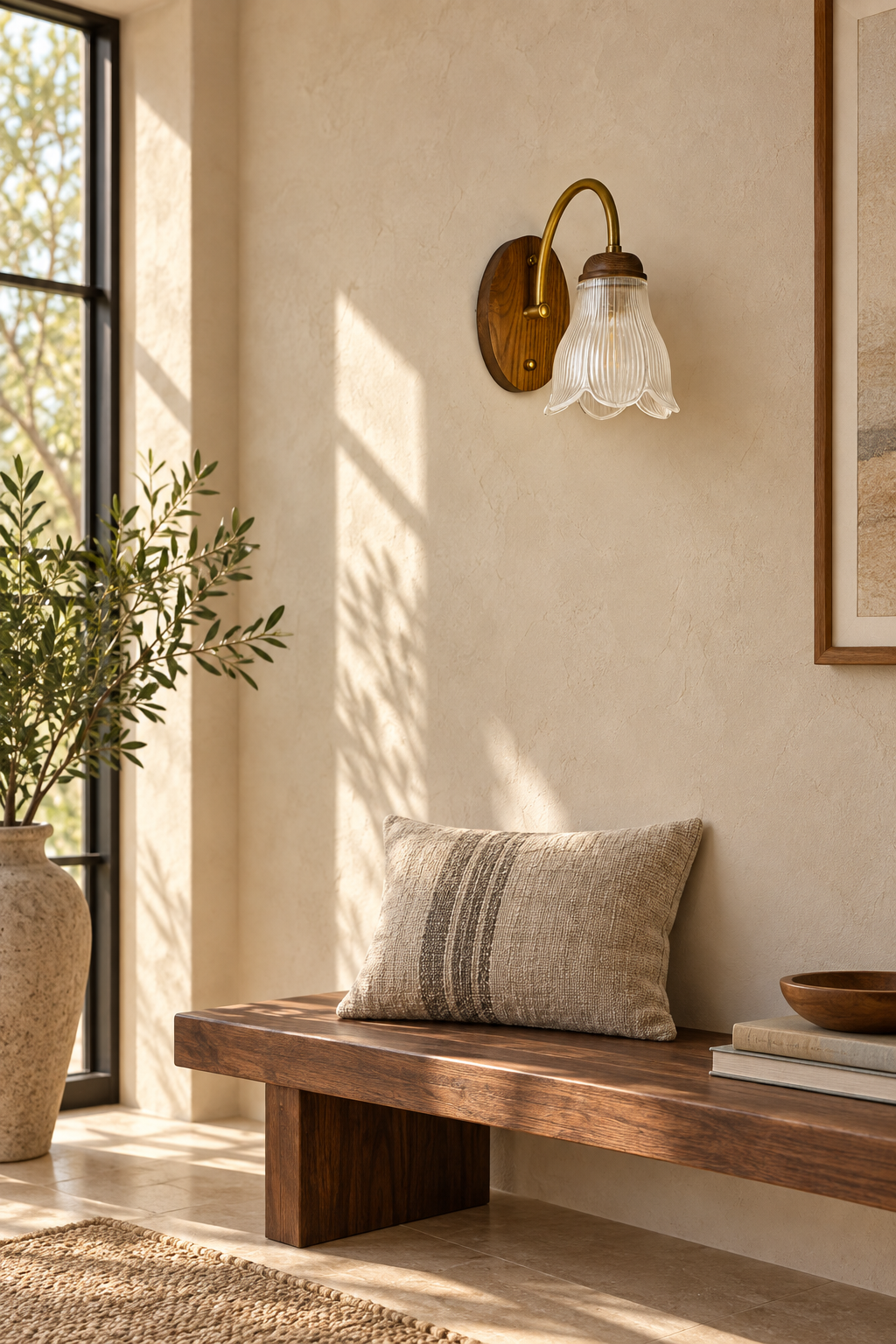 
Bellarune Ribbed Bell Glass and Walnut Wall Sconce