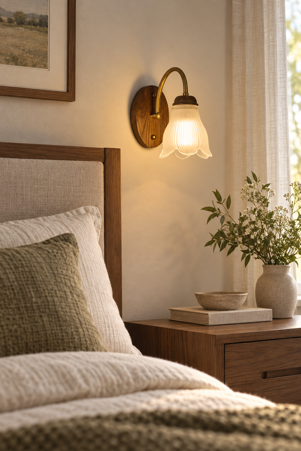
Bellarune Ribbed Bell Glass and Walnut Wall Sconce