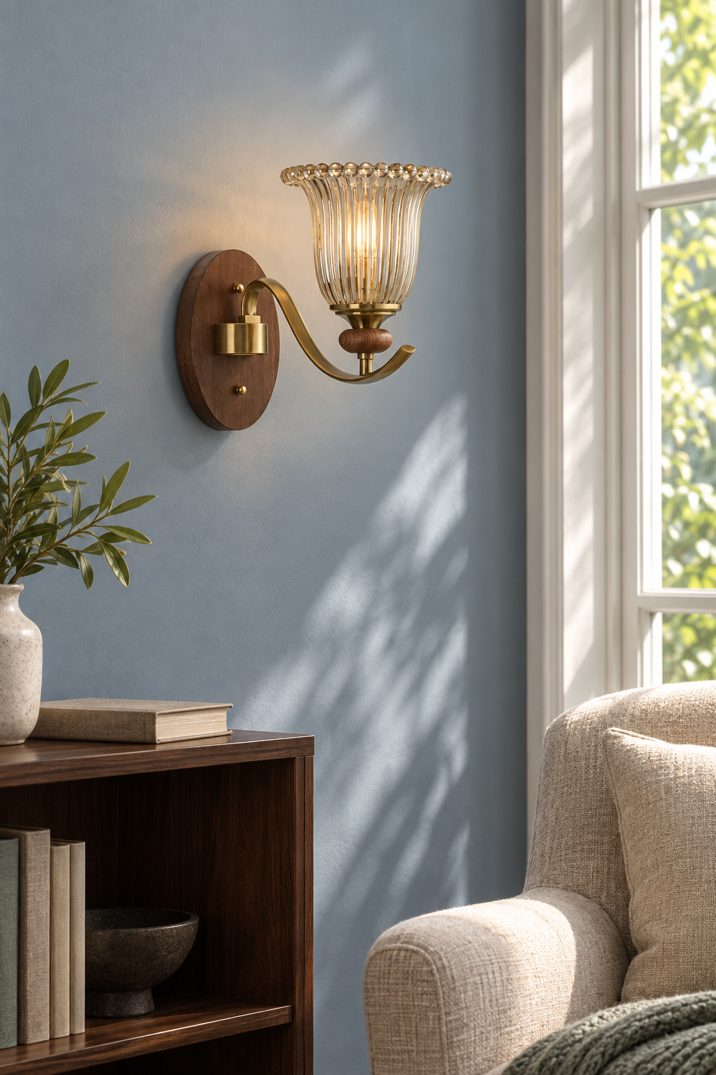 
Tullienne Ribbed Tulip Glass and Wood Wall Sconce