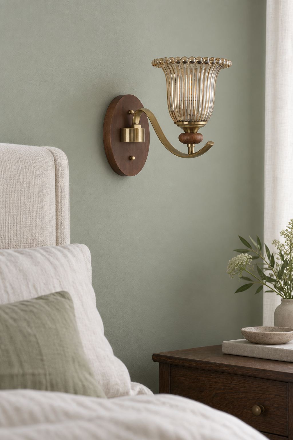 
Tullienne Ribbed Tulip Glass and Wood Wall Sconce